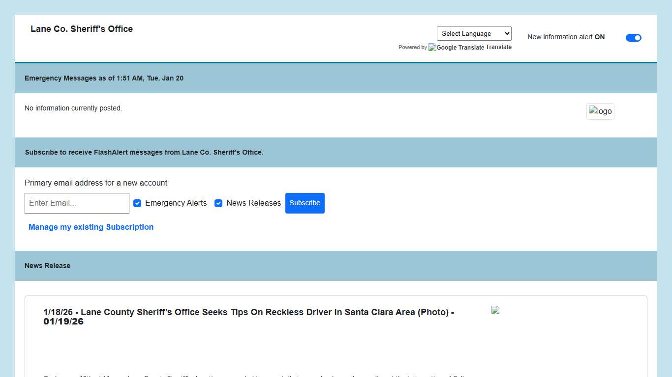 Lane Co. Sheriff's Office News via Flashalert.net